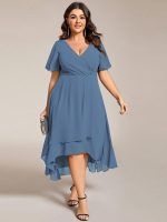Plus Size Chiffon Short Sleeves Pleated V-Neck A-Line Midi Wedding Guest Dress - Image 35