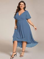 Plus Size Chiffon Short Sleeves Pleated V-Neck A-Line Midi Wedding Guest Dress - Image 36