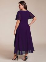 Plus Size Chiffon Short Sleeves Pleated V-Neck A-Line Midi Wedding Guest Dress - Image 4