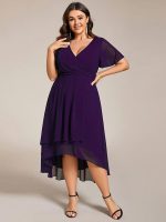 Plus Size Chiffon Short Sleeves Pleated V-Neck A-Line Midi Wedding Guest Dress - Image 48