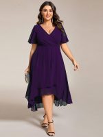 Plus Size Chiffon Short Sleeves Pleated V-Neck A-Line Midi Wedding Guest Dress - Image 3