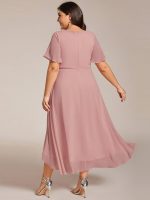 Plus Size Chiffon Short Sleeves Pleated V-Neck A-Line Midi Wedding Guest Dress - Image 91