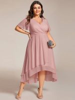 Plus Size Chiffon Short Sleeves Pleated V-Neck A-Line Midi Wedding Guest Dress - Image 94