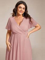 Plus Size Chiffon Short Sleeves Pleated V-Neck A-Line Midi Wedding Guest Dress - Image 92
