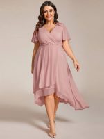 Plus Size Chiffon Short Sleeves Pleated V-Neck A-Line Midi Wedding Guest Dress - Image 93