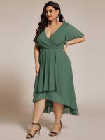 Plus Size Chiffon Short Sleeves Pleated V-Neck A-Line Midi Wedding Guest Dress - Image 102