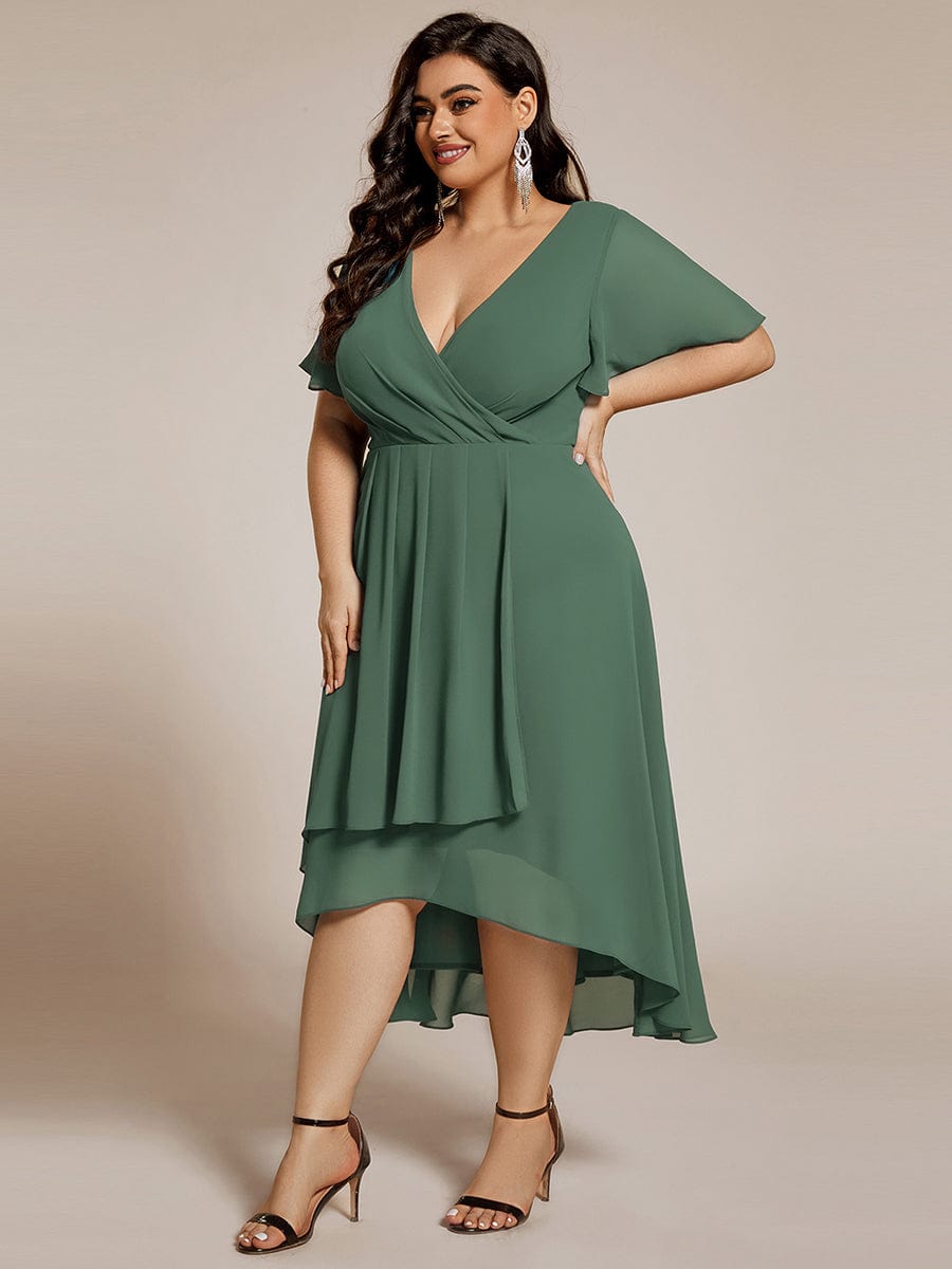 EG02084EU-PR3 Plus Size Chiffon Short Sleeves Pleated V-Neck A-Line Midi Wedding Guest Dress - Image 102
