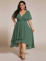 Plus Size Chiffon Short Sleeves Pleated V-Neck A-Line Midi Wedding Guest Dress - Image 103
