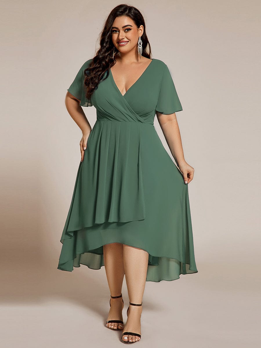EG02084EU-PR4 Plus Size Chiffon Short Sleeves Pleated V-Neck A-Line Midi Wedding Guest Dress - Image 103