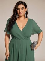 Plus Size Chiffon Short Sleeves Pleated V-Neck A-Line Midi Wedding Guest Dress - Image 104