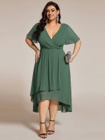 Plus Size Chiffon Short Sleeves Pleated V-Neck A-Line Midi Wedding Guest Dress - Image 100