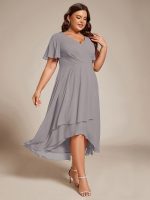 Plus Size Chiffon Short Sleeves Pleated V-Neck A-Line Midi Wedding Guest Dress - Image 73