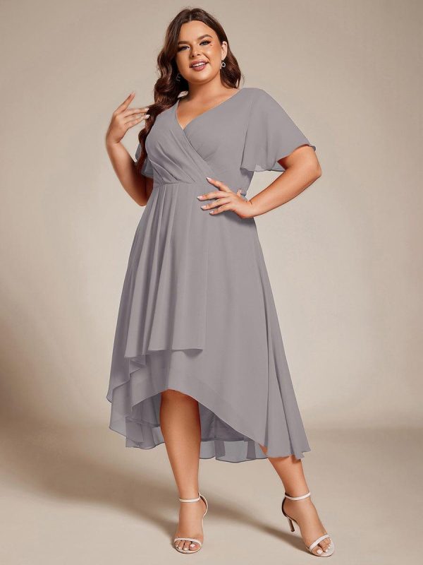 Plus Size Chiffon Short Sleeves Pleated V-Neck A-Line Midi Wedding Guest Dress - Image 71