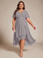 Plus Size Chiffon Short Sleeves Pleated V-Neck A-Line Midi Wedding Guest Dress - Image 74