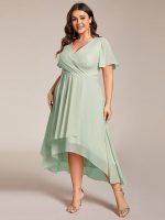 Plus Size Chiffon Short Sleeves Pleated V-Neck A-Line Midi Wedding Guest Dress - Image 56