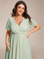 Plus Size Chiffon Short Sleeves Pleated V-Neck A-Line Midi Wedding Guest Dress - Image 55