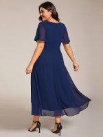 Plus Size Chiffon Short Sleeves Pleated V-Neck A-Line Midi Wedding Guest Dress - Image 10