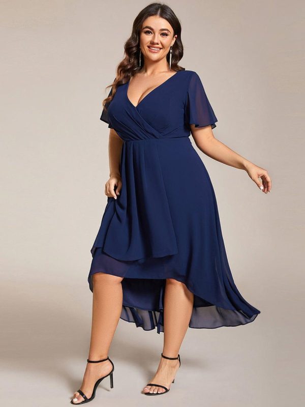 Plus Size Chiffon Short Sleeves Pleated V-Neck A-Line Midi Wedding Guest Dress - Image 21