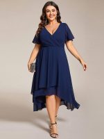Plus Size Chiffon Short Sleeves Pleated V-Neck A-Line Midi Wedding Guest Dress - Image 20