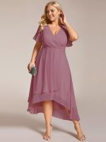 Plus Size Chiffon Short Sleeves Pleated V-Neck A-Line Midi Wedding Guest Dress - Image 41