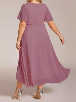 Plus Size Chiffon Short Sleeves Pleated V-Neck A-Line Midi Wedding Guest Dress - Image 38