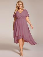 Plus Size Chiffon Short Sleeves Pleated V-Neck A-Line Midi Wedding Guest Dress - Image 40