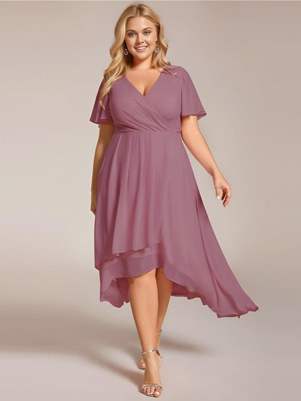 Plus Size Chiffon Short Sleeves Pleated V-Neck A-Line Midi Wedding Guest Dress - Image 40