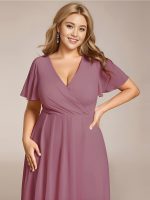 Plus Size Chiffon Short Sleeves Pleated V-Neck A-Line Midi Wedding Guest Dress - Image 39