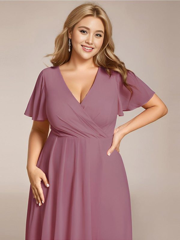 Plus Size Chiffon Short Sleeves Pleated V-Neck A-Line Midi Wedding Guest Dress - Image 39