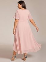 Plus Size Chiffon Short Sleeves Pleated V-Neck A-Line Midi Wedding Guest Dress - Image 28