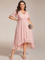 Plus Size Chiffon Short Sleeves Pleated V-Neck A-Line Midi Wedding Guest Dress - Image 27