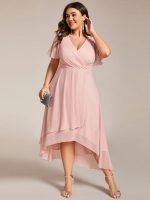 Plus Size Chiffon Short Sleeves Pleated V-Neck A-Line Midi Wedding Guest Dress - Image 30