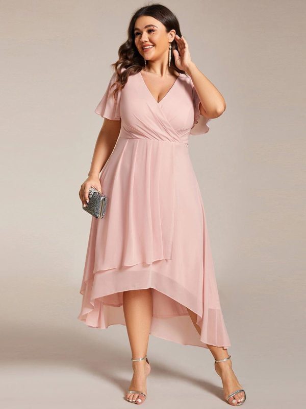 Plus Size Chiffon Short Sleeves Pleated V-Neck A-Line Midi Wedding Guest Dress - Image 30