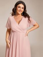 Plus Size Chiffon Short Sleeves Pleated V-Neck A-Line Midi Wedding Guest Dress - Image 29