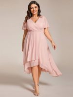 Plus Size Chiffon Short Sleeves Pleated V-Neck A-Line Midi Wedding Guest Dress - Image 31