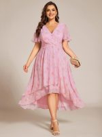 Plus Size Chiffon Short Sleeves Pleated V-Neck A-Line Midi Wedding Guest Dress - Image 84
