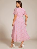 Plus Size Chiffon Short Sleeves Pleated V-Neck A-Line Midi Wedding Guest Dress - Image 81