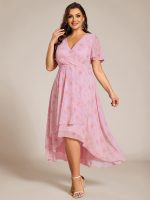 Plus Size Chiffon Short Sleeves Pleated V-Neck A-Line Midi Wedding Guest Dress - Image 83