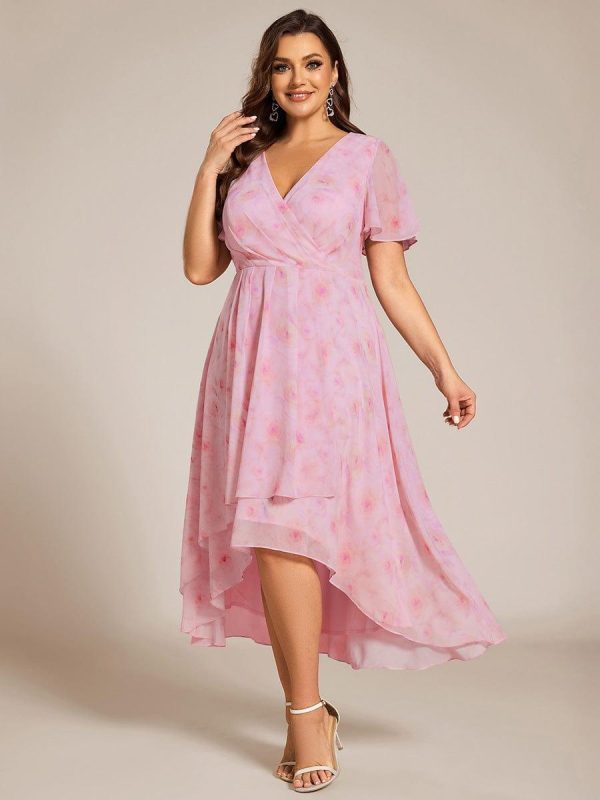 Plus Size Chiffon Short Sleeves Pleated V-Neck A-Line Midi Wedding Guest Dress - Image 83