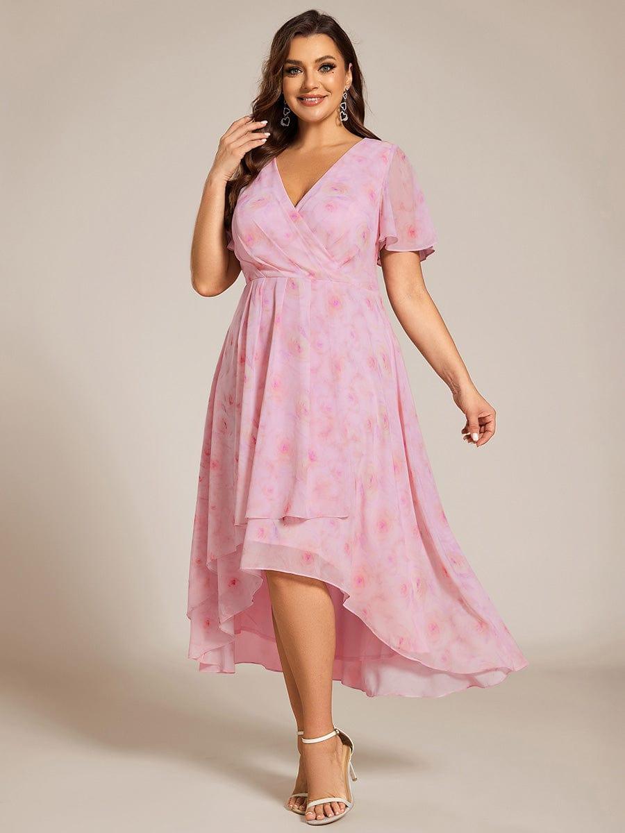 EG02084PR-PR3 Plus Size Chiffon Short Sleeves Pleated V-Neck A-Line Midi Wedding Guest Dress - Image 83
