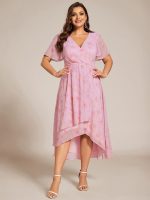 Plus Size Chiffon Short Sleeves Pleated V-Neck A-Line Midi Wedding Guest Dress - Image 80