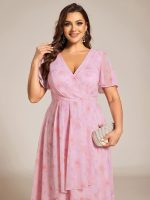 Plus Size Chiffon Short Sleeves Pleated V-Neck A-Line Midi Wedding Guest Dress - Image 82