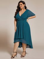 Plus Size Chiffon Short Sleeves Pleated V-Neck A-Line Midi Wedding Guest Dress - Image 88