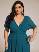 Plus Size Chiffon Short Sleeves Pleated V-Neck A-Line Midi Wedding Guest Dress - Image 87