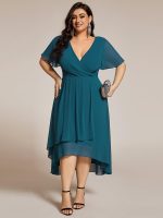 Plus Size Chiffon Short Sleeves Pleated V-Neck A-Line Midi Wedding Guest Dress - Image 89