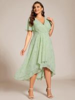 Plus Size Chiffon Short Sleeves Pleated V-Neck A-Line Midi Wedding Guest Dress - Image 78