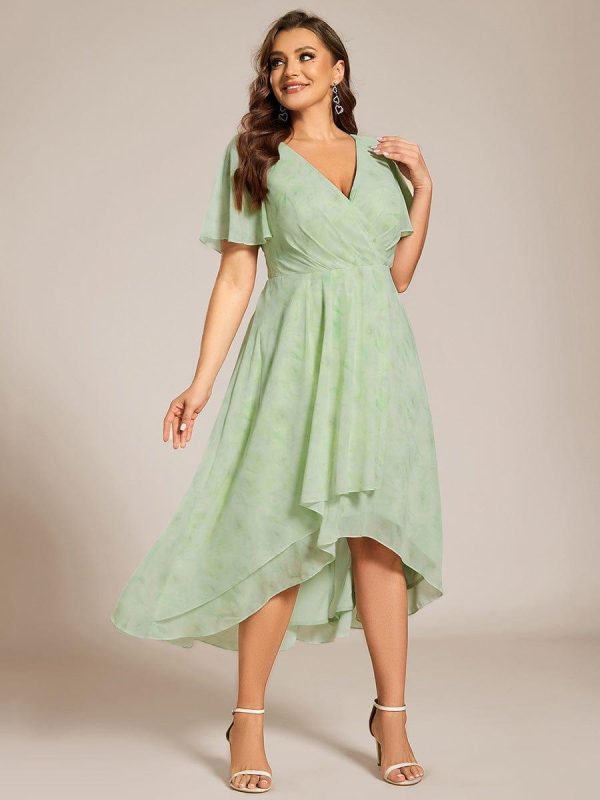 Plus Size Chiffon Short Sleeves Pleated V-Neck A-Line Midi Wedding Guest Dress - Image 78