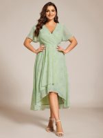 Plus Size Chiffon Short Sleeves Pleated V-Neck A-Line Midi Wedding Guest Dress - Image 79