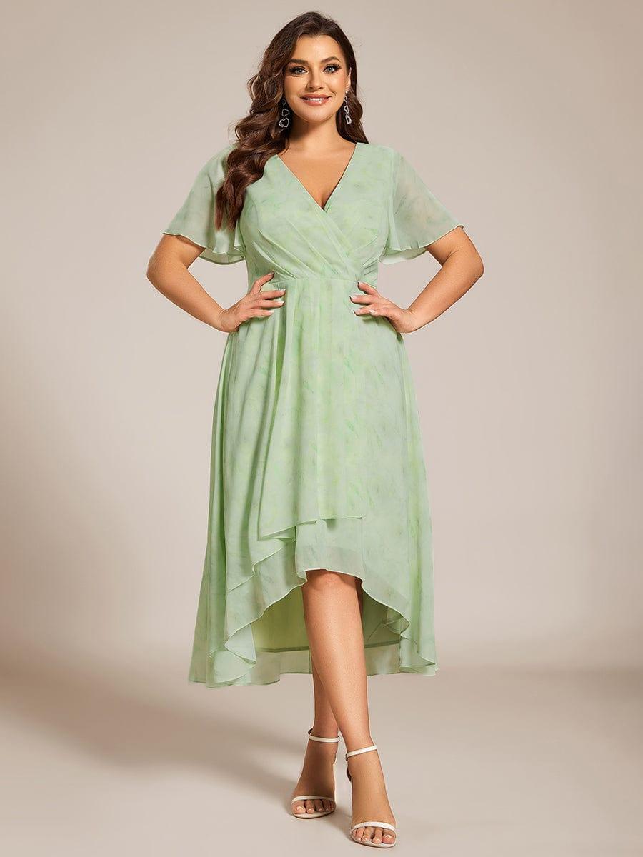 EG02084TR-PR4 Plus Size Chiffon Short Sleeves Pleated V-Neck A-Line Midi Wedding Guest Dress - Image 79