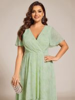 Plus Size Chiffon Short Sleeves Pleated V-Neck A-Line Midi Wedding Guest Dress - Image 77